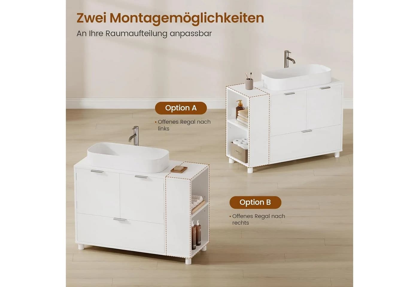 MSMASK Waschbeckenunterschrank Weiß 2 Türen Schublade Modern - Bild 4