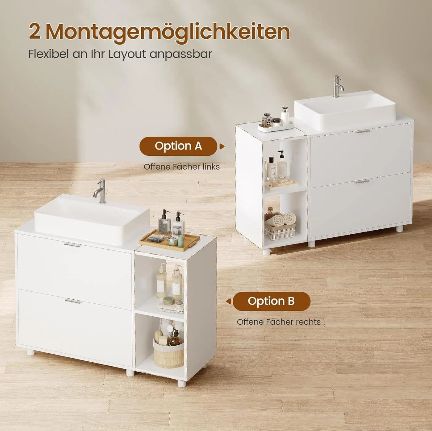 MSMASK Waschbeckenunterschrank Weiß mit 2 Schubladen und 3 Fächern - Bild 5