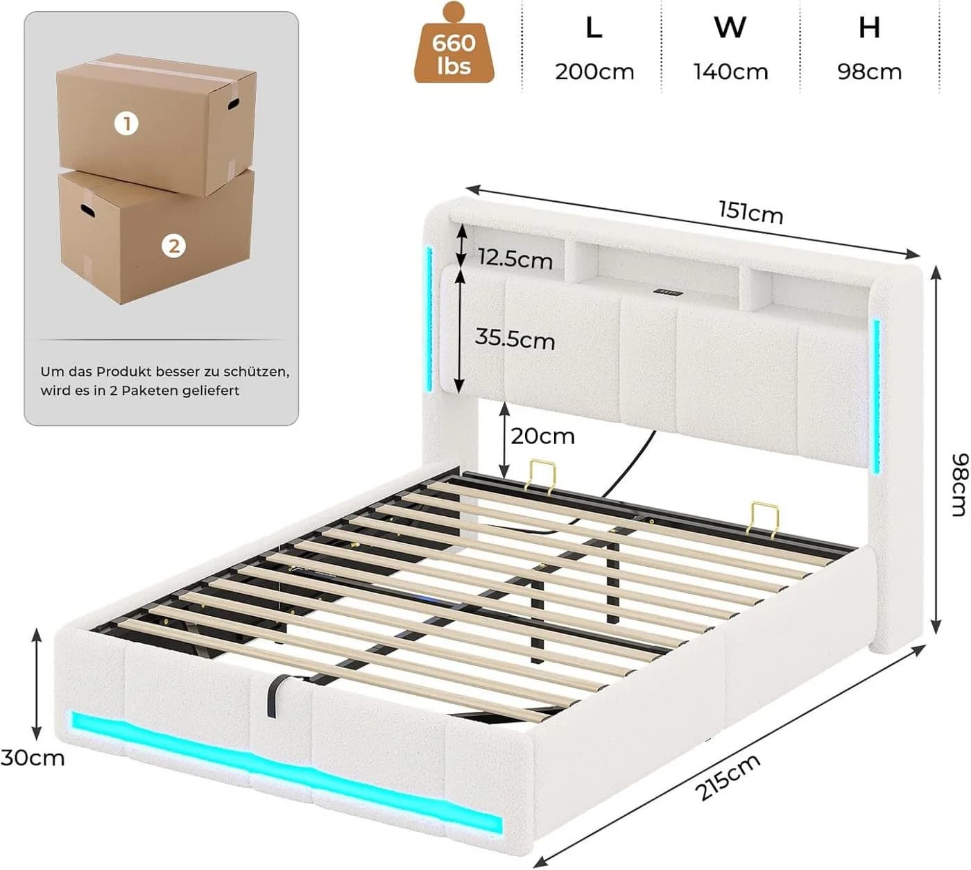 MSMASK Polsterbett 140x200 Beige mit Stauraum, LED & USB
