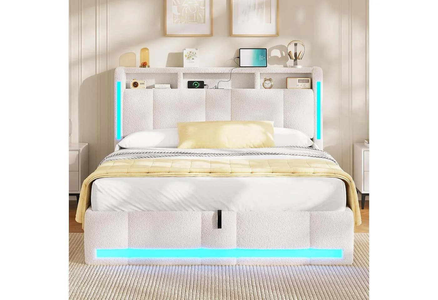 MSMASK Polsterbett 140x200 Beige mit Stauraum, LED & USB - Bild 2