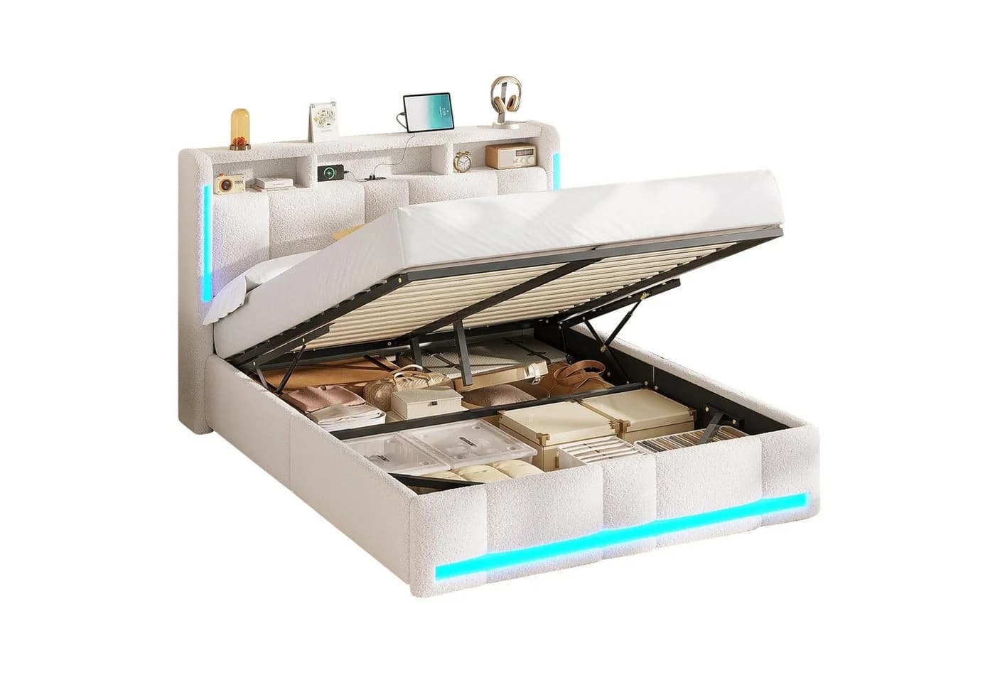MSMASK Polsterbett 140x200 Beige mit Stauraum, LED & USB - Bild 3