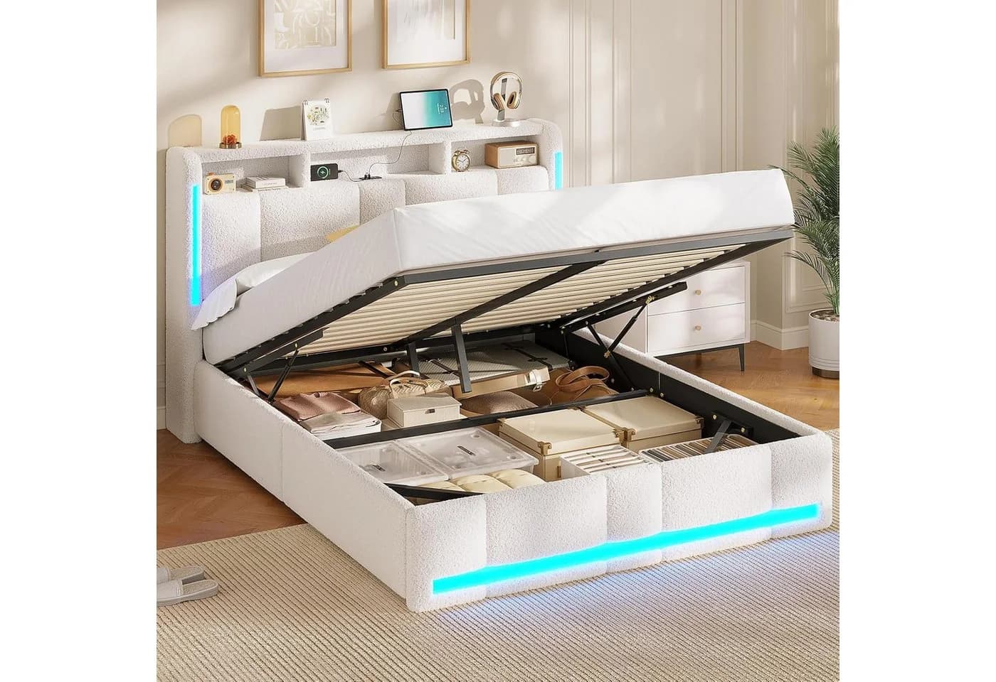 MSMASK Polsterbett 140x200 Beige mit Stauraum, LED & USB - Bild 4