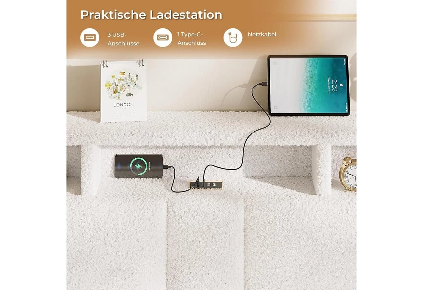 MSMASK Polsterbett 140x200 Beige mit Stauraum, LED & USB - Bild 5