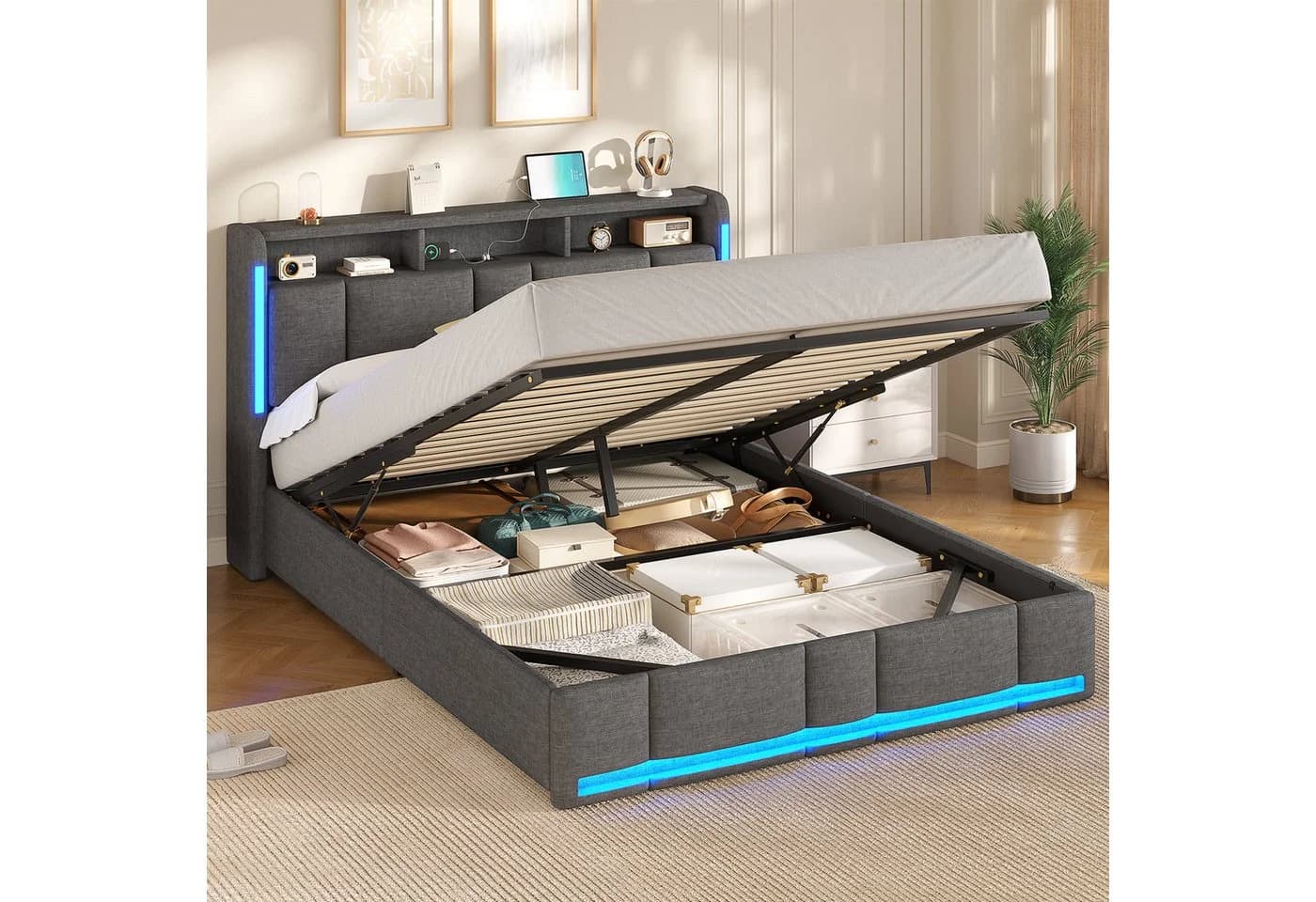 MSMASK Polsterbett Dunkelgrau mit LED & Steckdosen - Bild 2