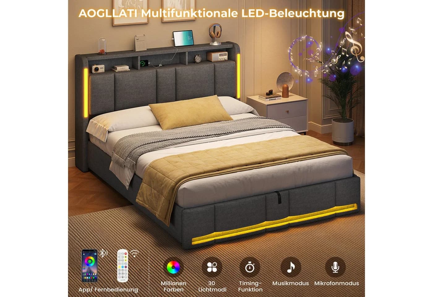 MSMASK Polsterbett Dunkelgrau mit LED & Steckdosen - Bild 4