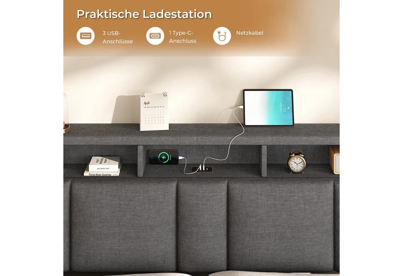 MSMASK Polsterbett Dunkelgrau mit LED & Steckdosen - Bild 5