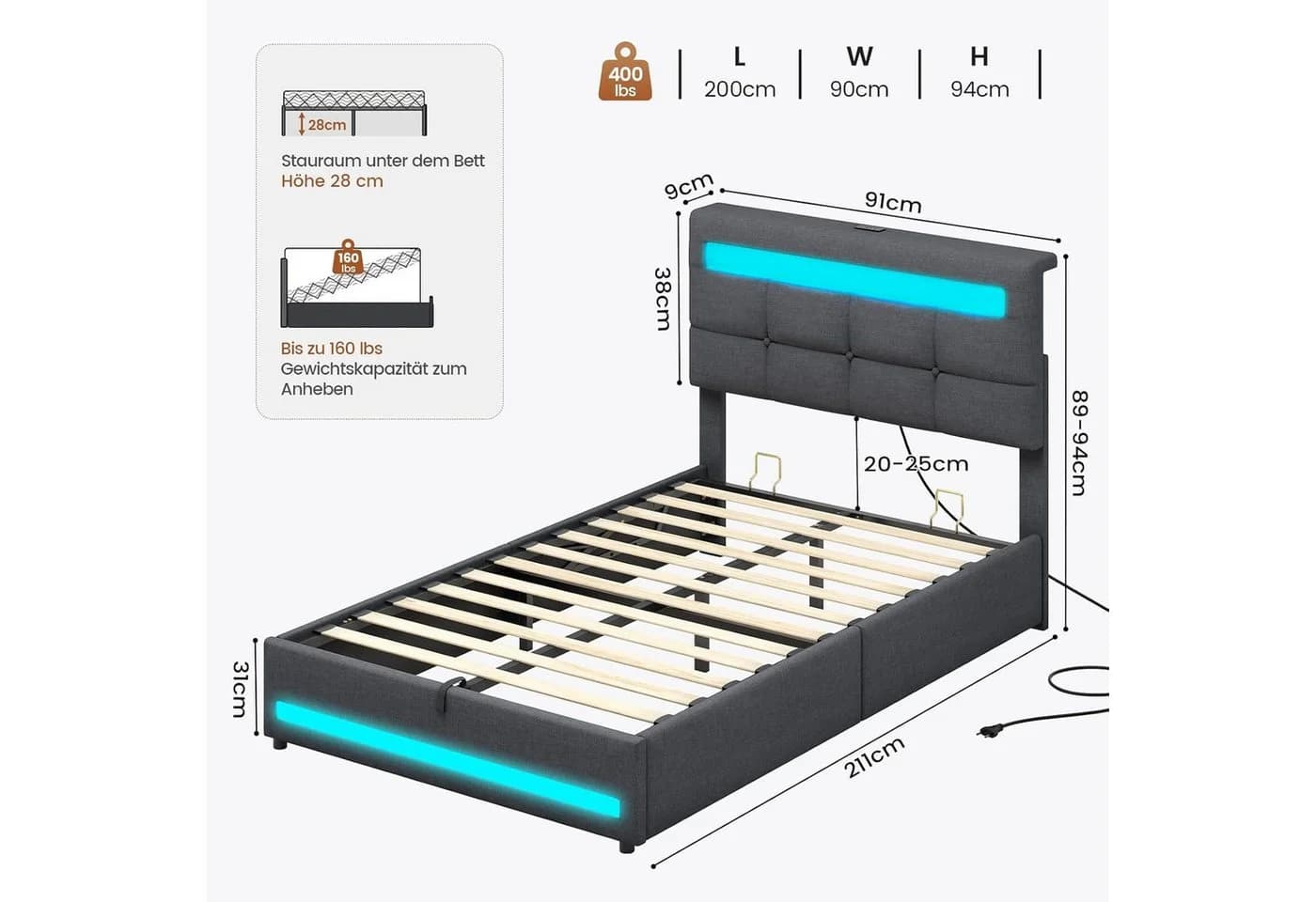 MSMASK Polsterbett mit LED und USB Stauraum