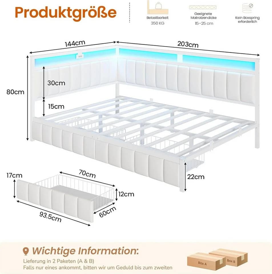 MSMASK Polsterbett Schlafsofa mit LED & USB Weiß/Dunkelgrau