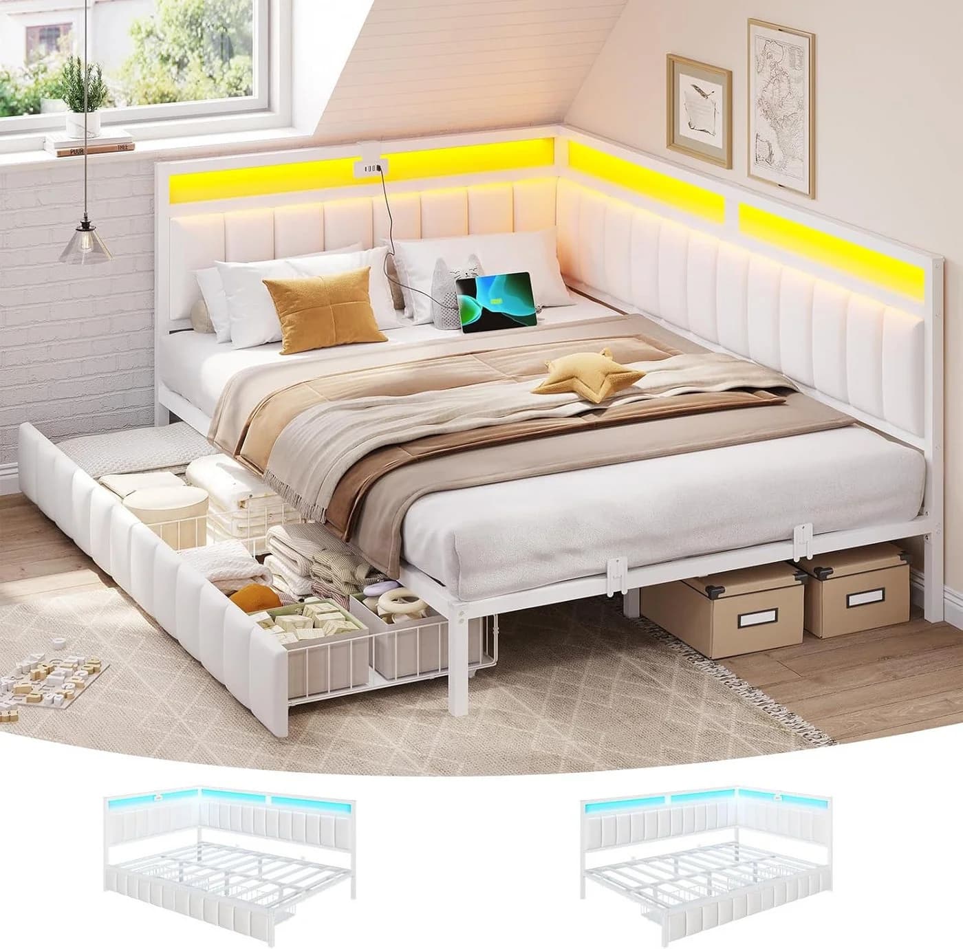 MSMASK Polsterbett Schlafsofa mit LED & USB Weiß/Dunkelgrau - Bild 2