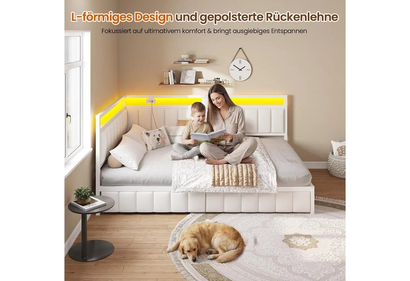 MSMASK Polsterbett Schlafsofa mit LED & USB Weiß/Dunkelgrau - Bild 3