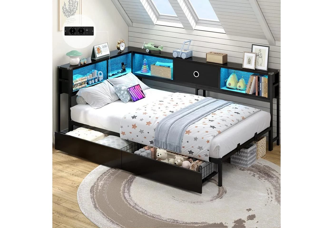 MSMASK Daybett Schlafsofa Schwarz mit LED-Beleuchtung und Stauraum - Bild 2