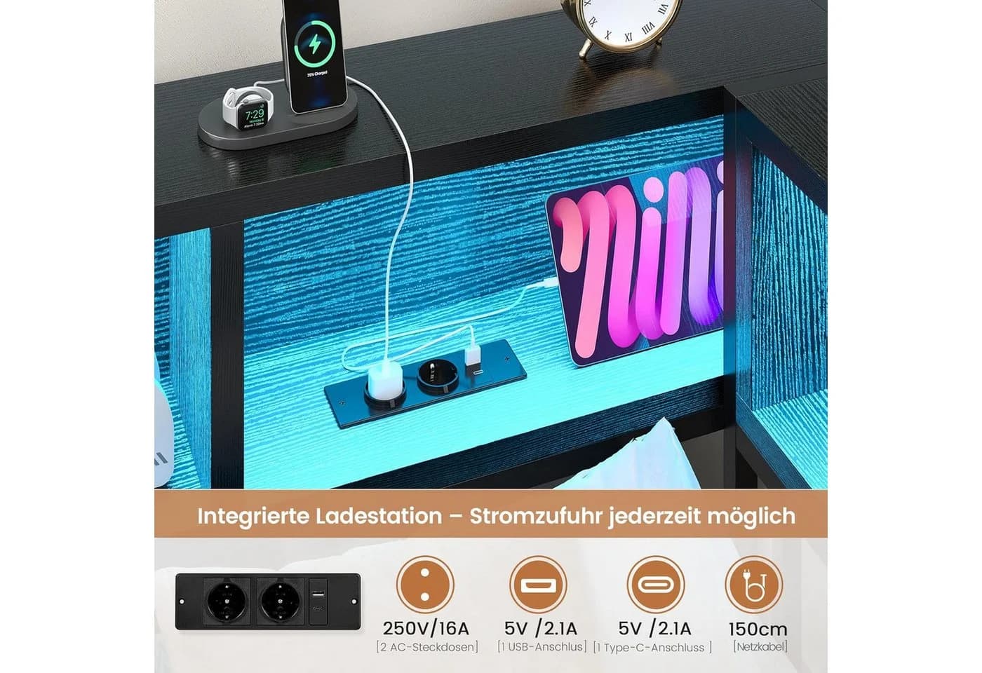 MSMASK Daybett Schlafsofa Schwarz mit LED-Beleuchtung und Stauraum - Bild 5