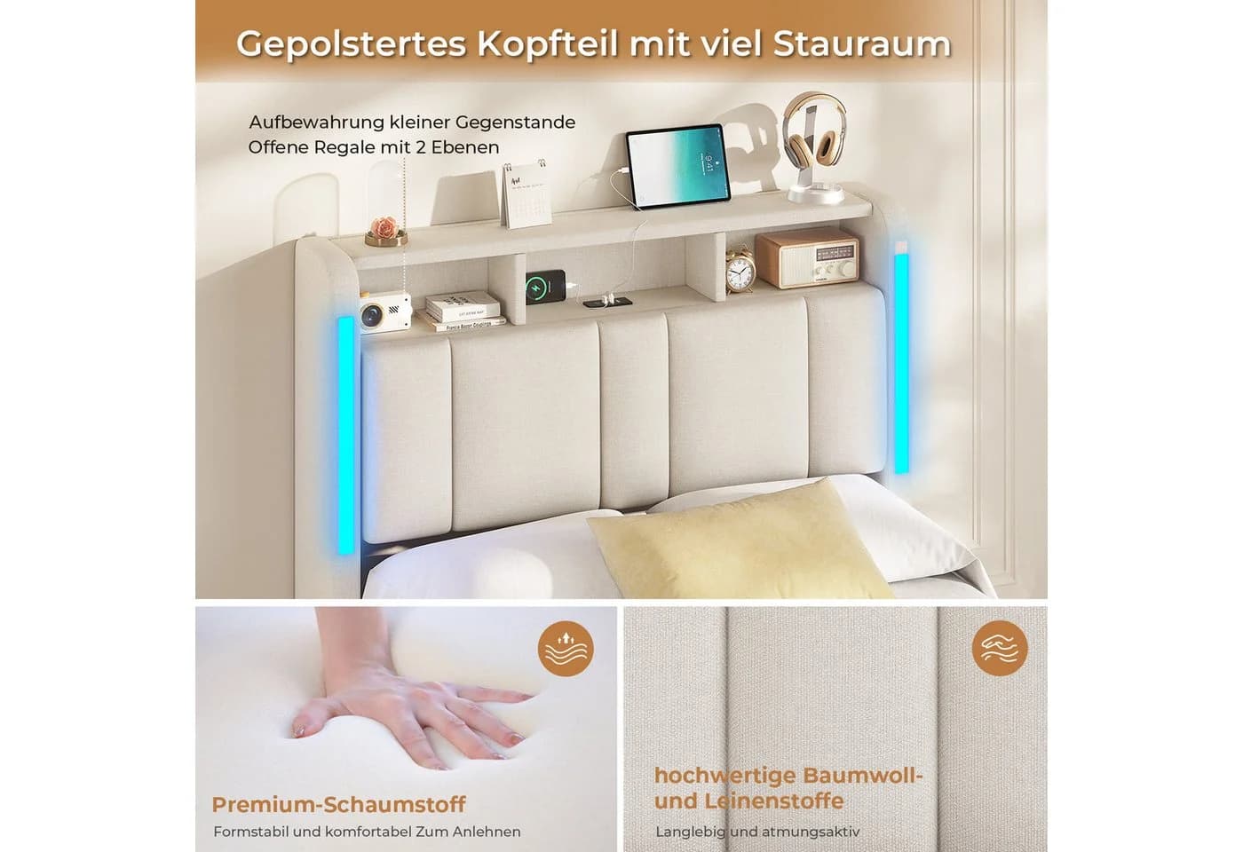 MSMASK Polsterbett mit Stauraum, LED & USB - Bild 5