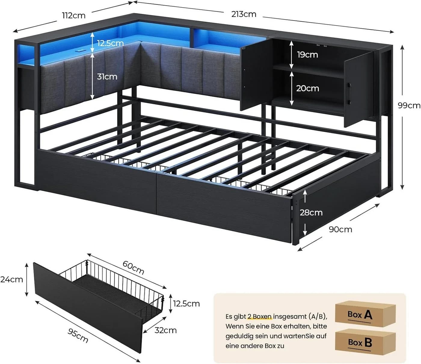 KIMENICH Polsterbett Schlafsofa Schwarz mit LED & Schubladen