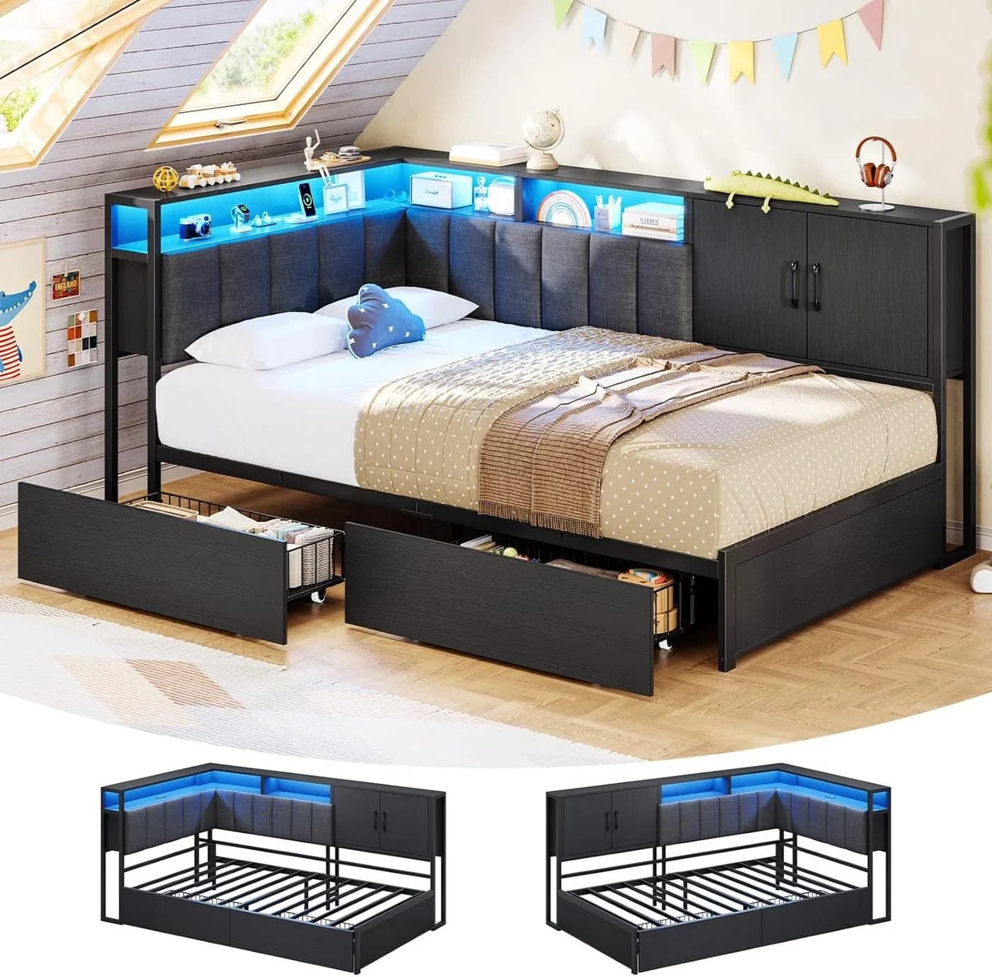 KIMENICH Polsterbett Schlafsofa Schwarz mit LED & Schubladen - Bild 2