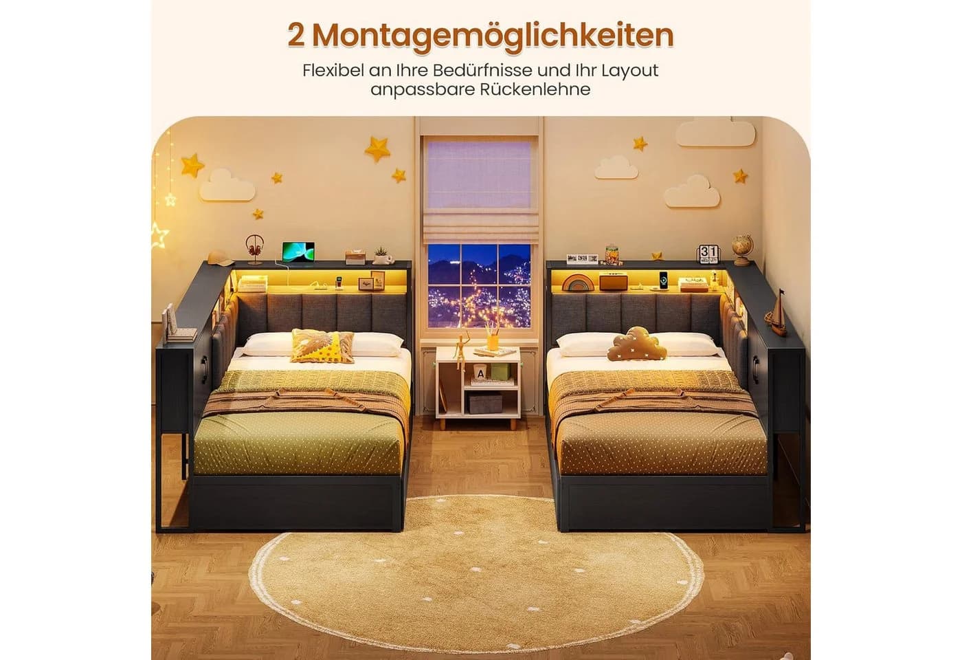 KIMENICH Polsterbett Schlafsofa Schwarz mit LED & Schubladen - Bild 4