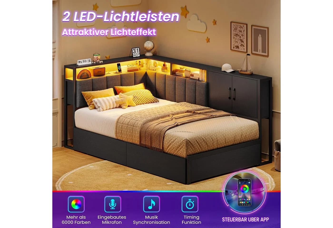 KIMENICH Polsterbett Schlafsofa Schwarz mit LED & Schubladen - Bild 5