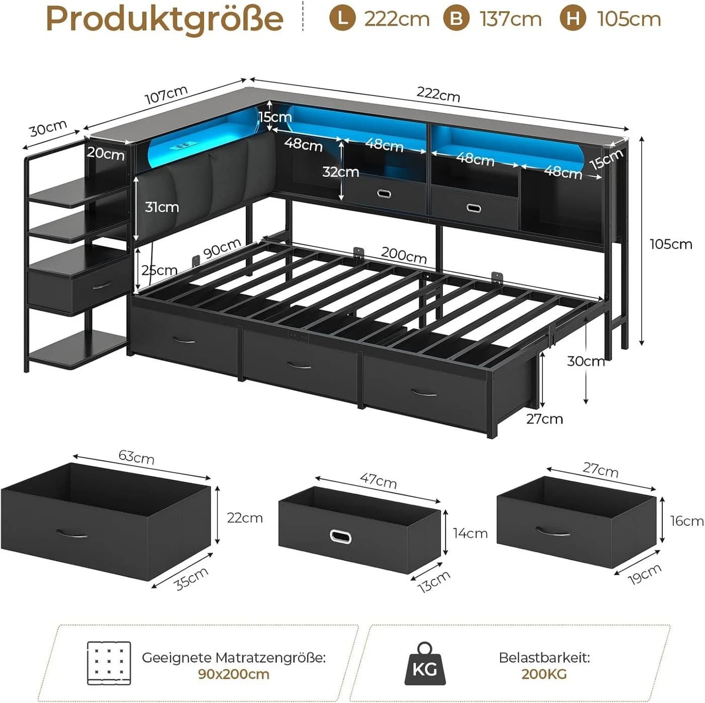MSMASK Jugendbett Schwarz 90x200 mit 6 Schubladen LED