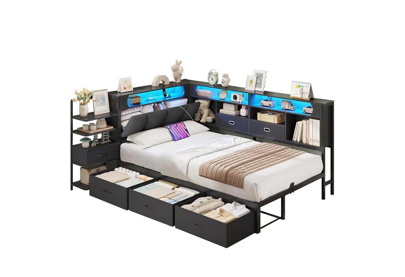 MSMASK Jugendbett Schwarz 90x200 mit 6 Schubladen LED - Bild 3