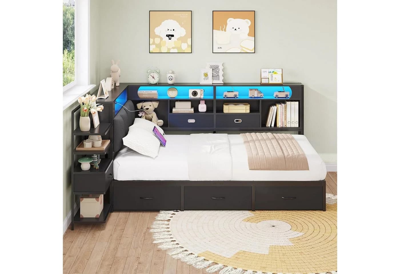MSMASK Jugendbett Schwarz 90x200 mit 6 Schubladen LED - Bild 4