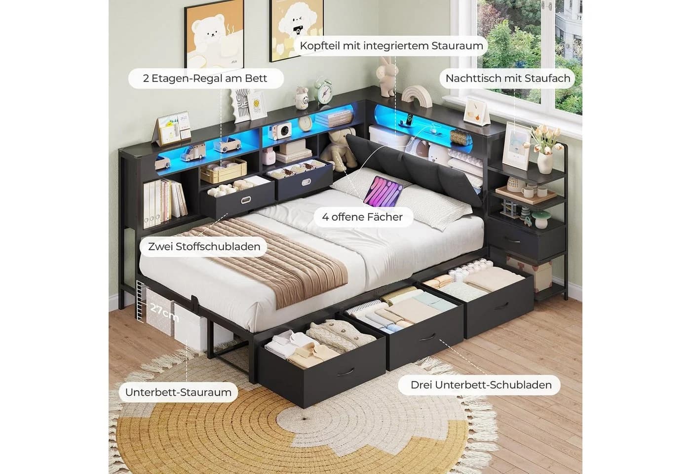 MSMASK Jugendbett Schwarz 90x200 mit 6 Schubladen LED - Bild 5