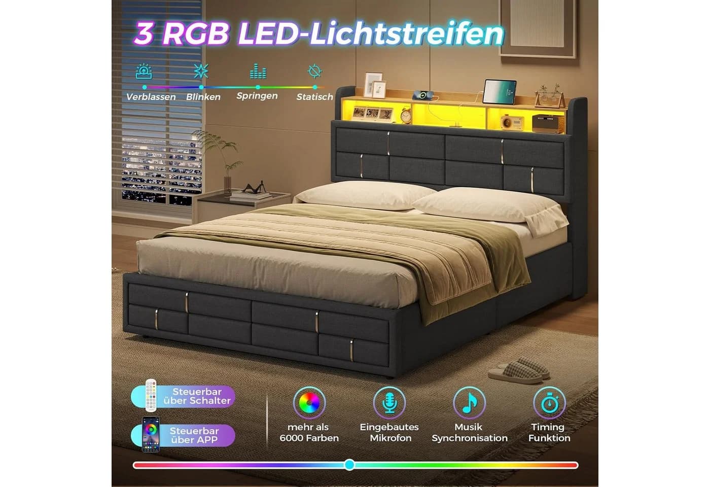 KIMENICH Polsterbett Grau mit LED-Beleuchtung & Stauraum - Bild 4