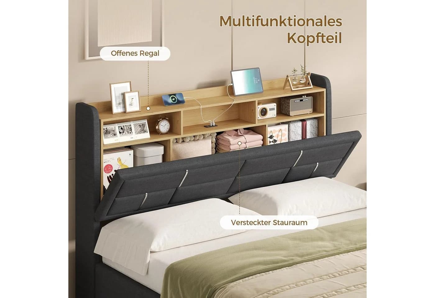 KIMENICH Polsterbett Grau mit LED-Beleuchtung & Stauraum - Bild 5