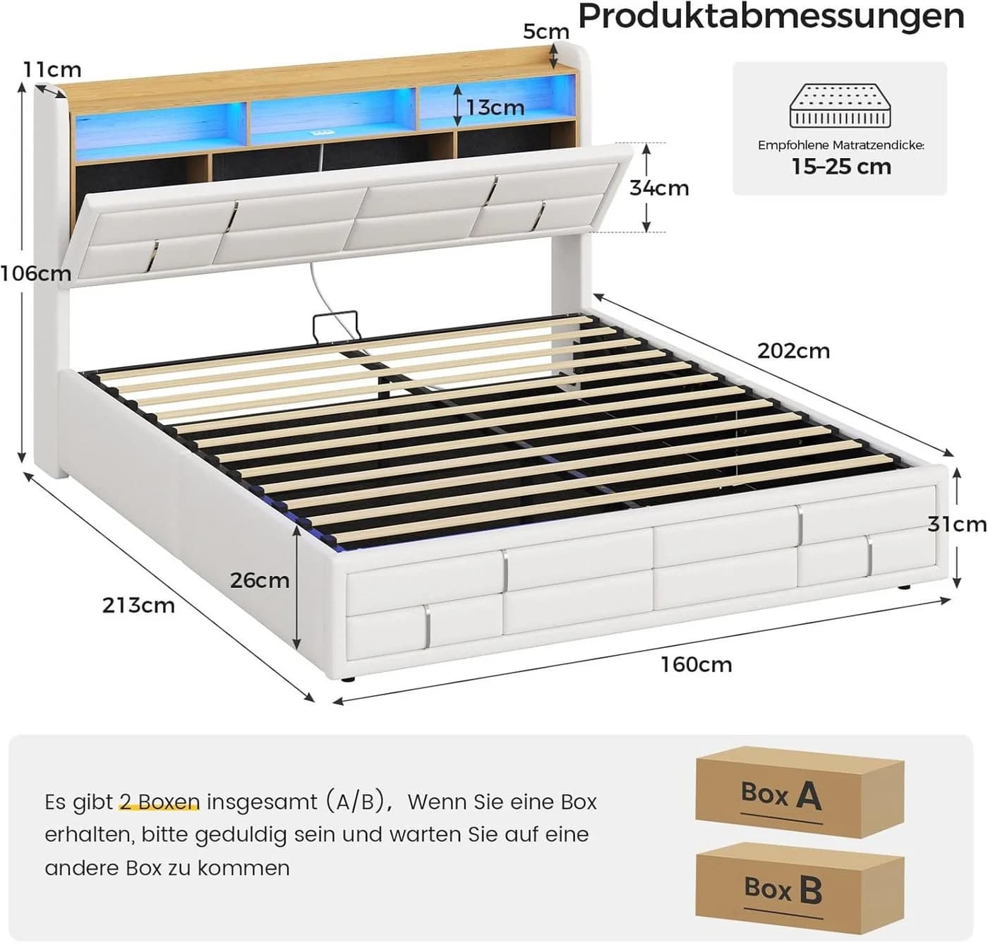 KIMENICH Polsterbett Weiß mit LED-Beleuchtung & Stauraum