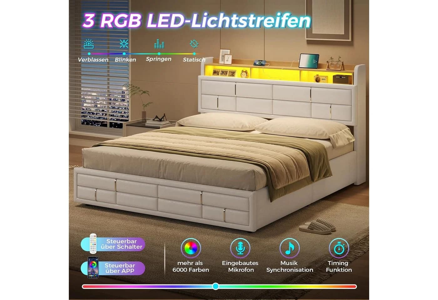 KIMENICH Polsterbett Weiß mit LED-Beleuchtung & Stauraum - Bild 4