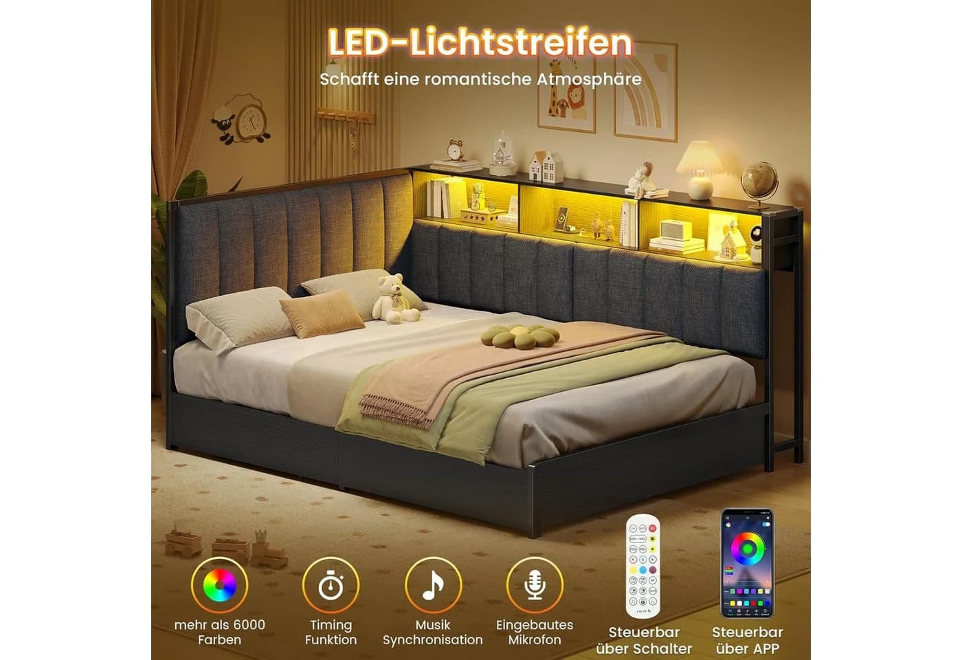 KIMENICH Polsterbett mit LED-Beleuchtung und Ladestation Schwarz - Bild 5