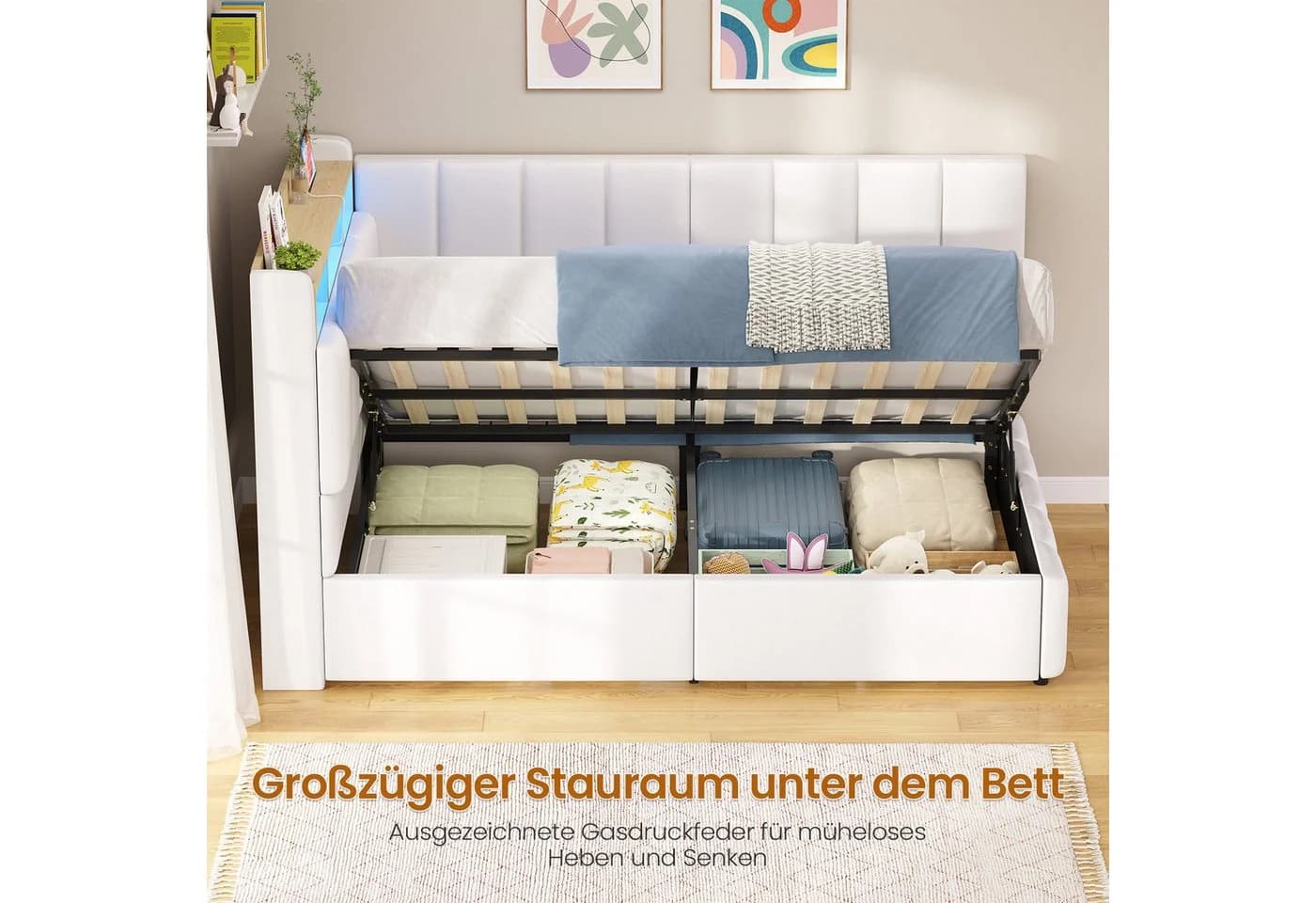 KIMENICH Polsterbett mit LED, Ladestation & Bettkasten Weiß - Bild 4