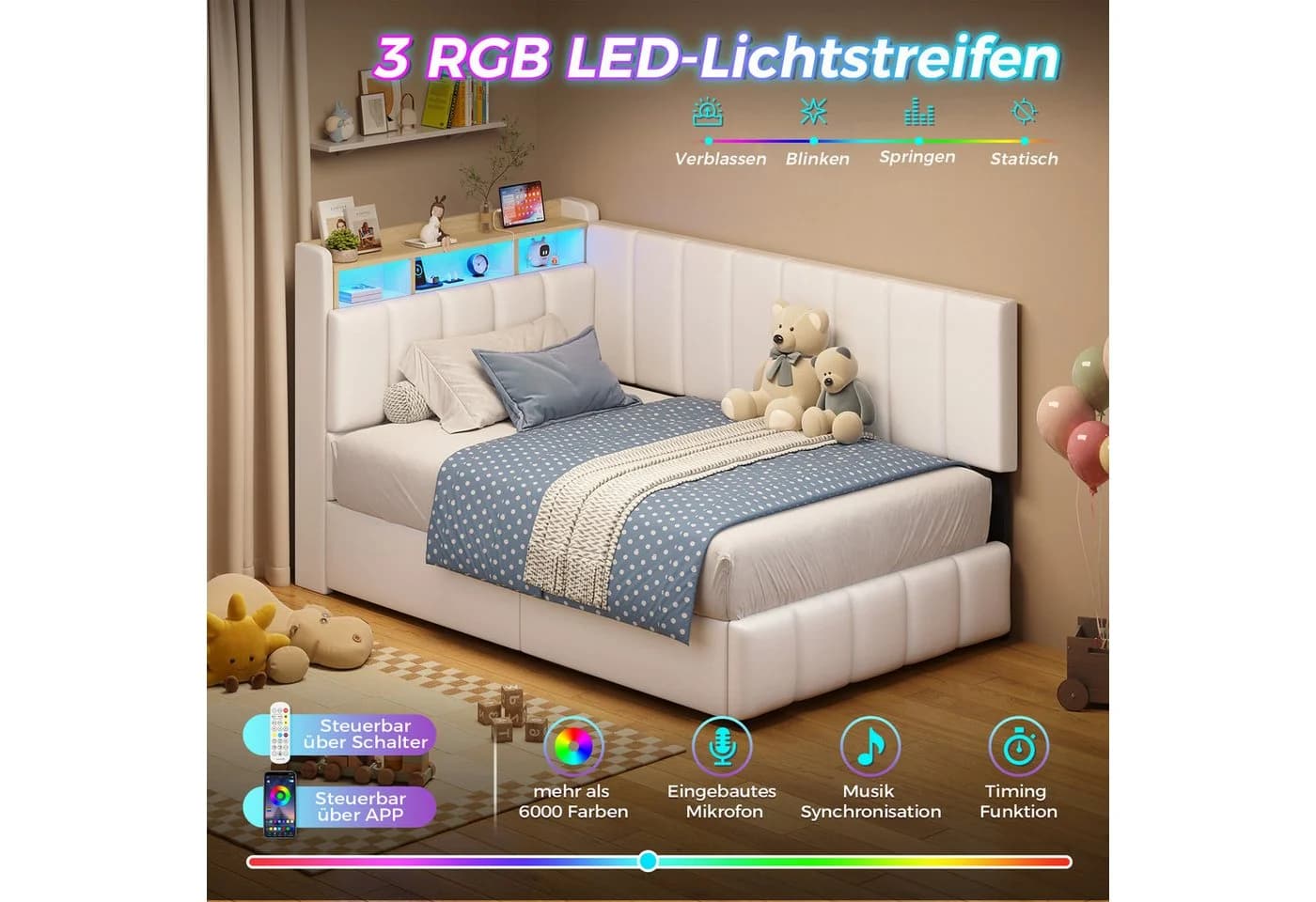 KIMENICH Polsterbett mit LED, Ladestation & Bettkasten Weiß - Bild 5