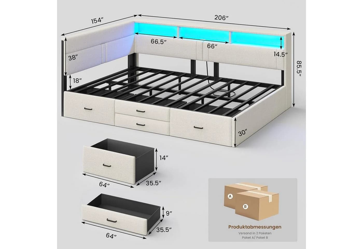 MSMASK Polsterbett 140x200 cm mit LED, Ladestation & Stauraum