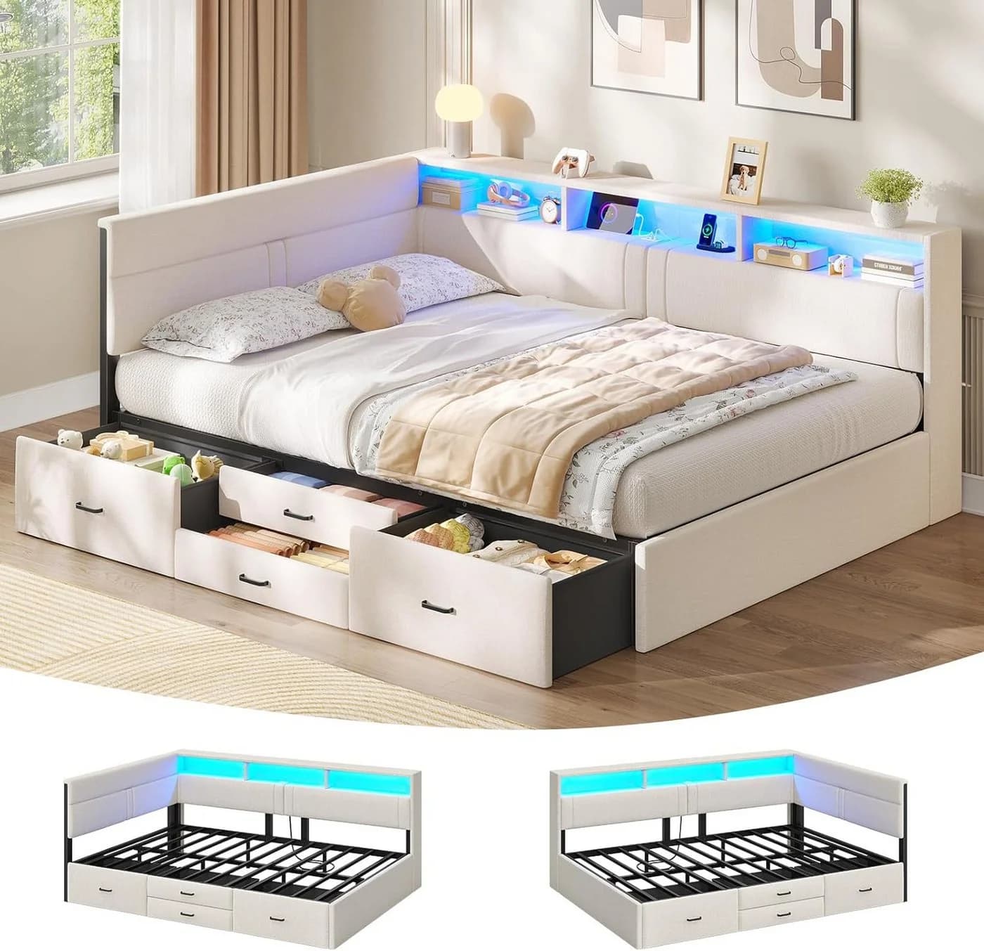 MSMASK Polsterbett 140x200 cm mit LED, Ladestation & Stauraum - Bild 2