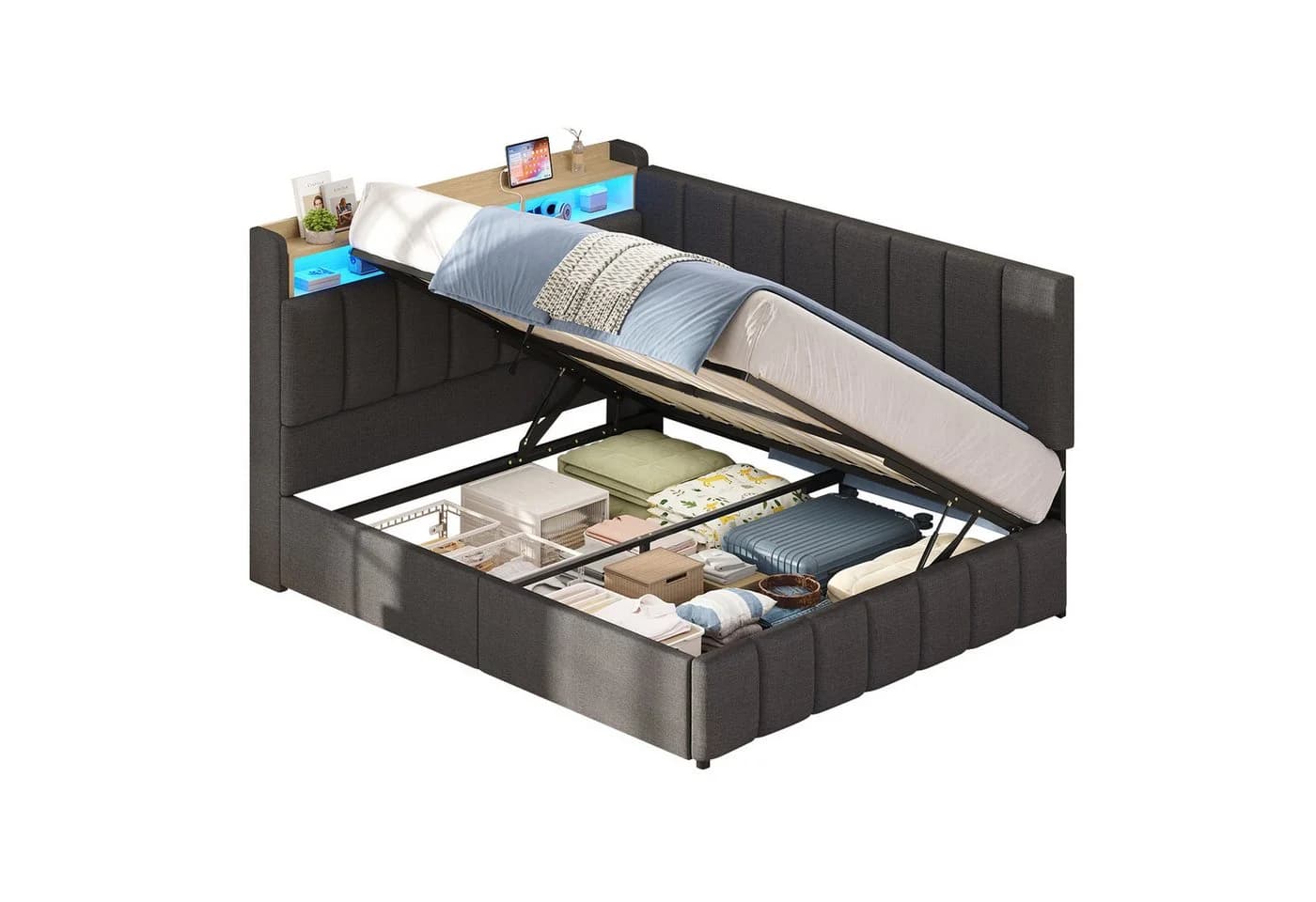 KIMENICH Polsterbett Grau mit LED, Stauraum & Ladestation - Bild 2