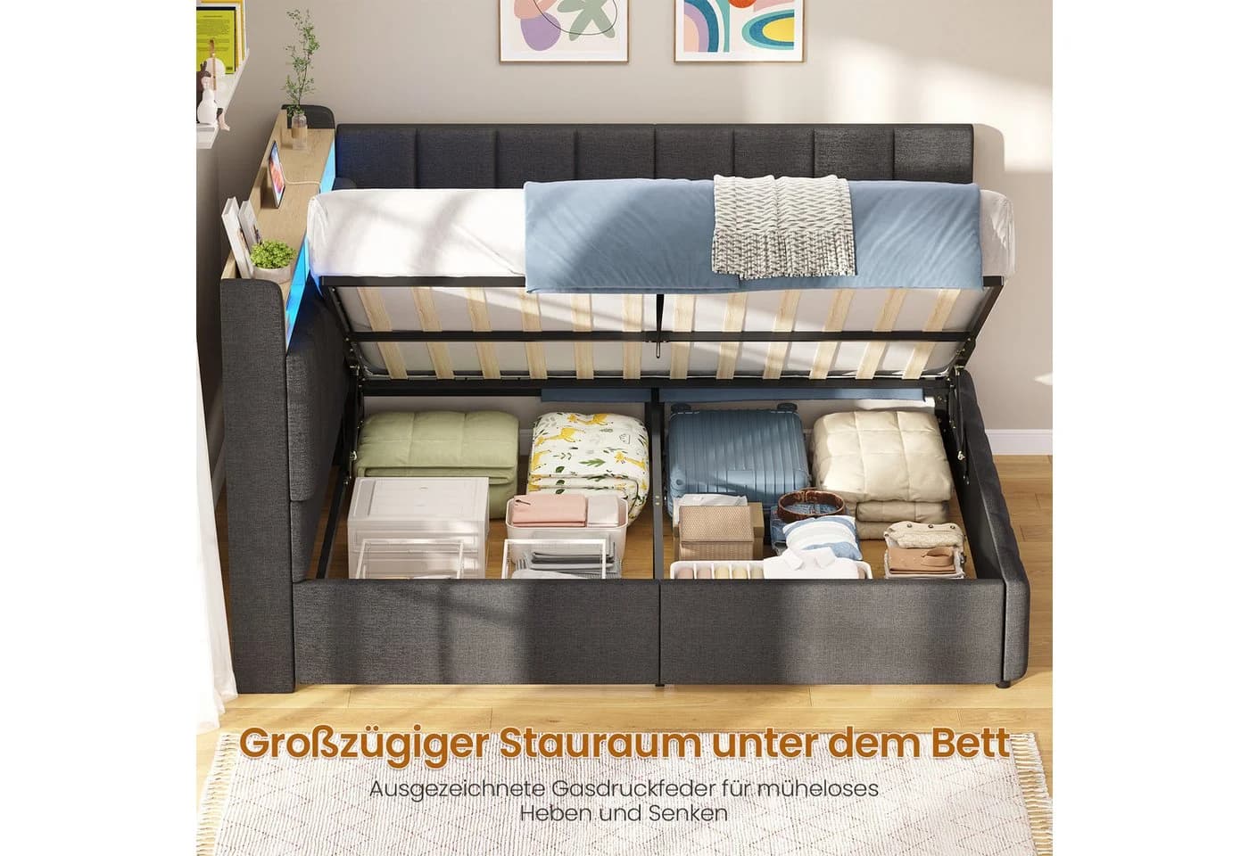KIMENICH Polsterbett Grau mit LED, Stauraum & Ladestation - Bild 4