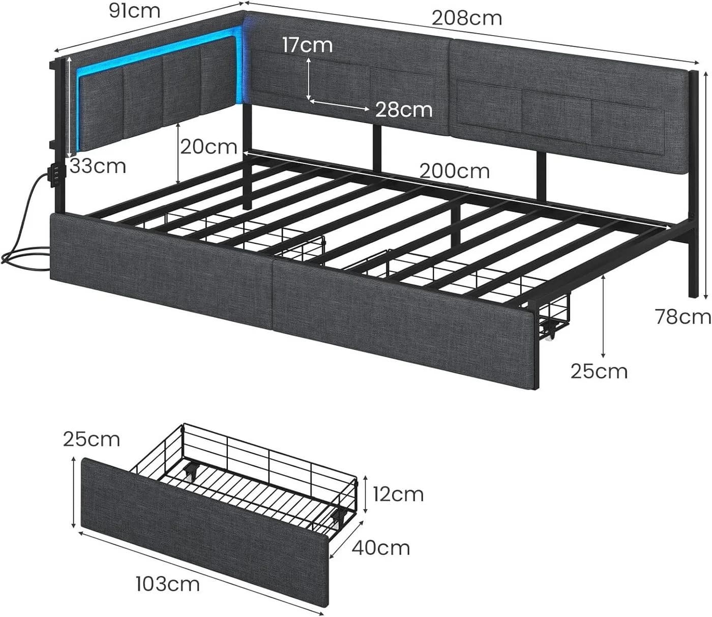 KIMENICH Polsterbett Schlafsofa Grau mit LED & Schubladen