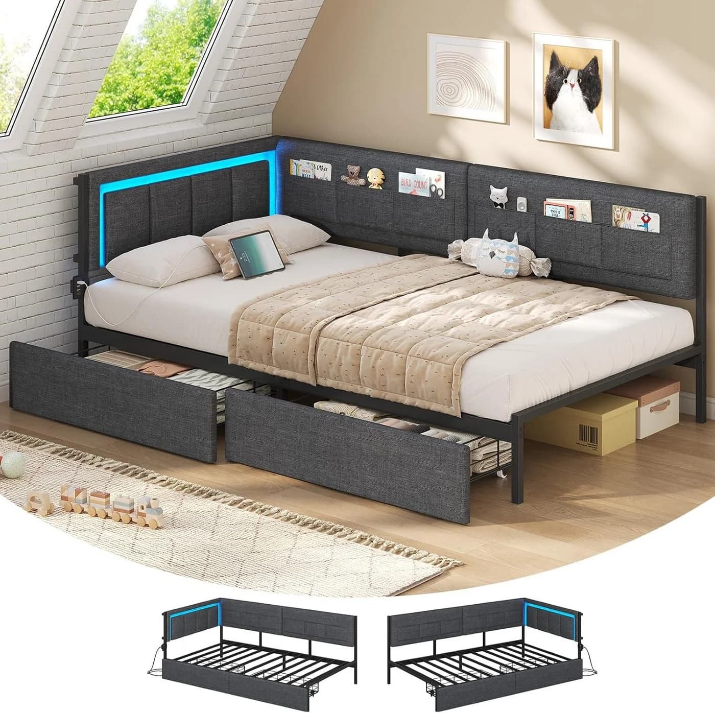 KIMENICH Polsterbett Schlafsofa Grau mit LED & Schubladen - Bild 2