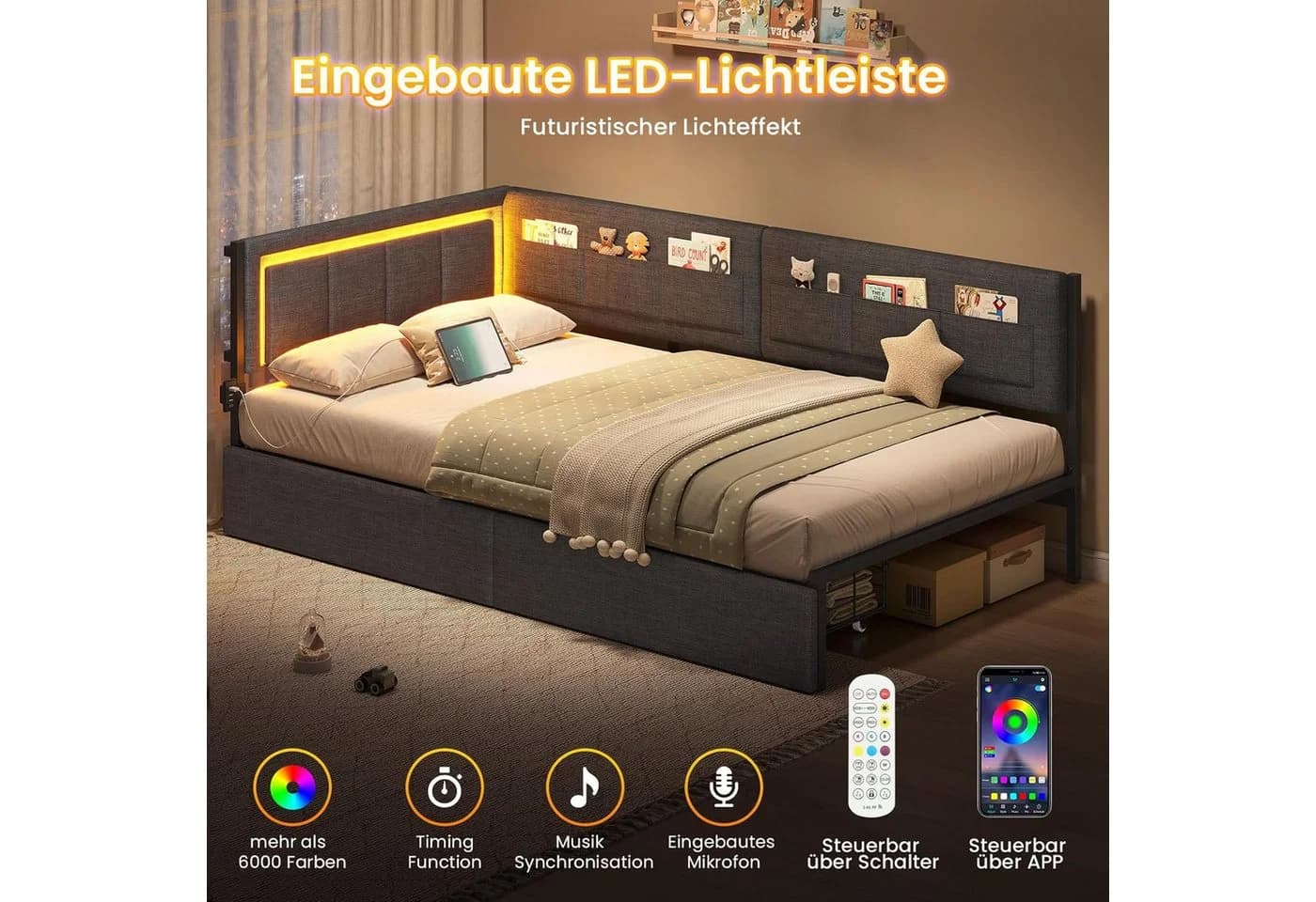 KIMENICH Polsterbett Schlafsofa Grau mit LED & Schubladen - Bild 4