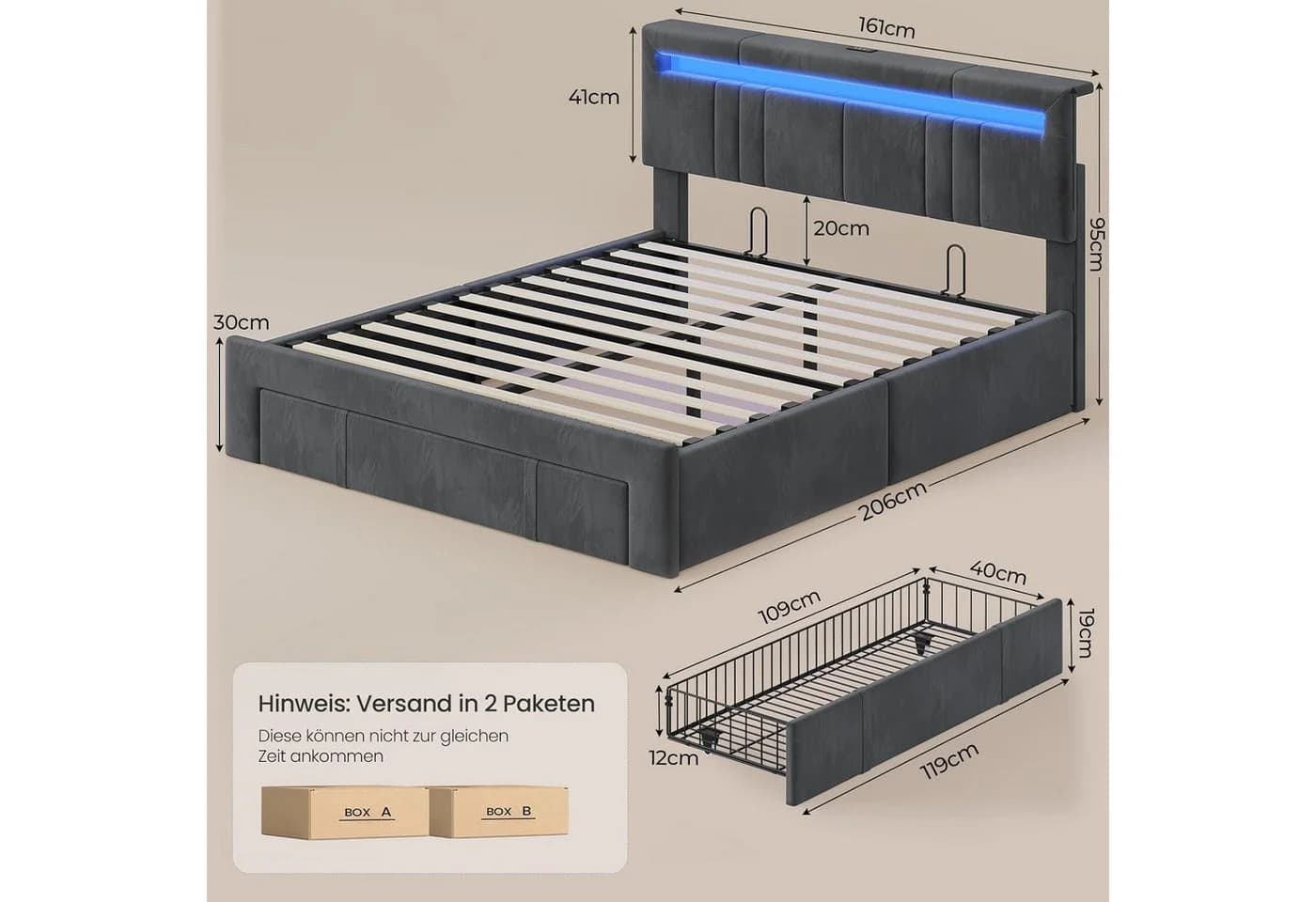 MSMASK Polsterbett Grau mit LED, Steckdosen & Stauraum