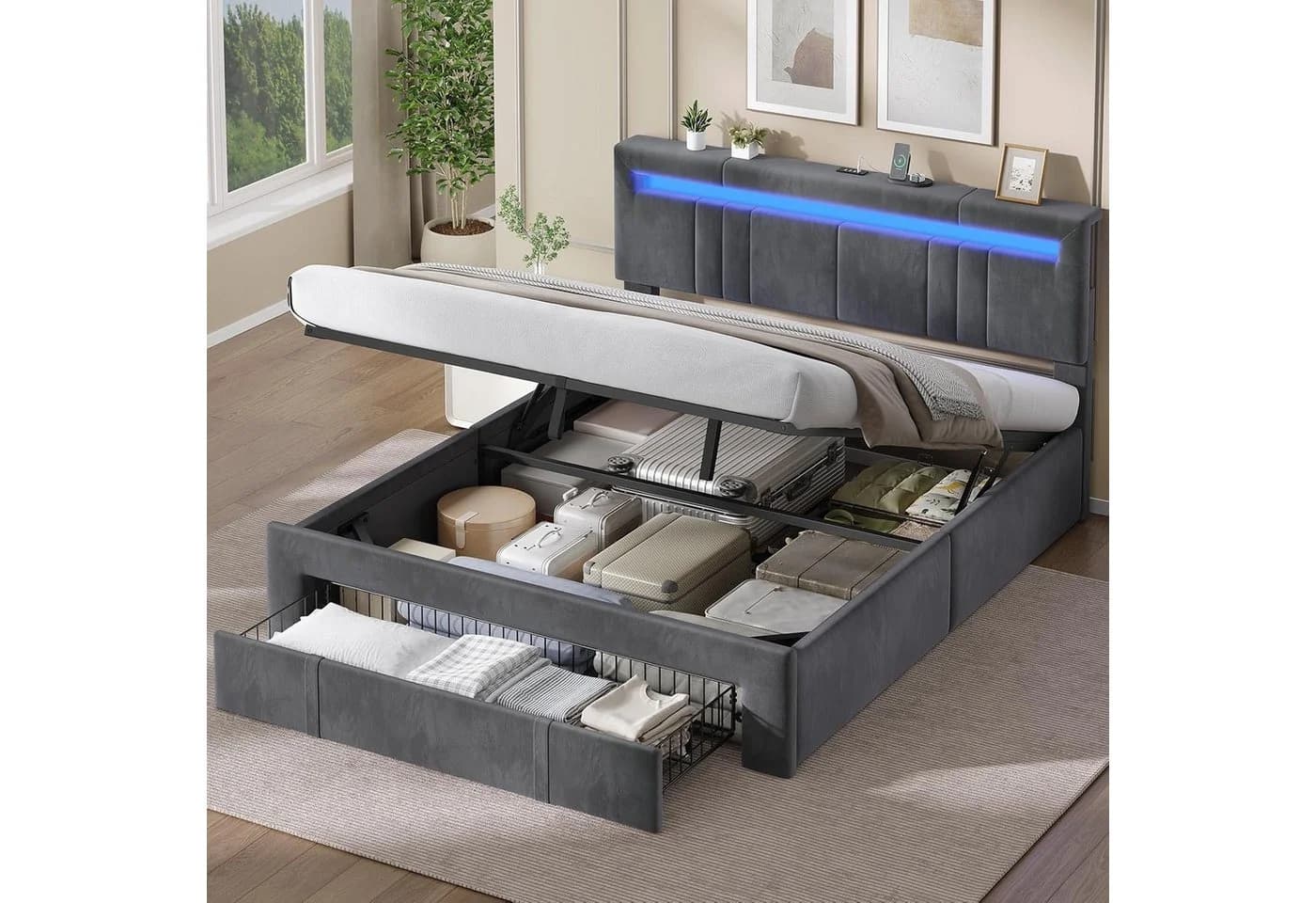MSMASK Polsterbett Grau mit LED, Steckdosen & Stauraum - Bild 2