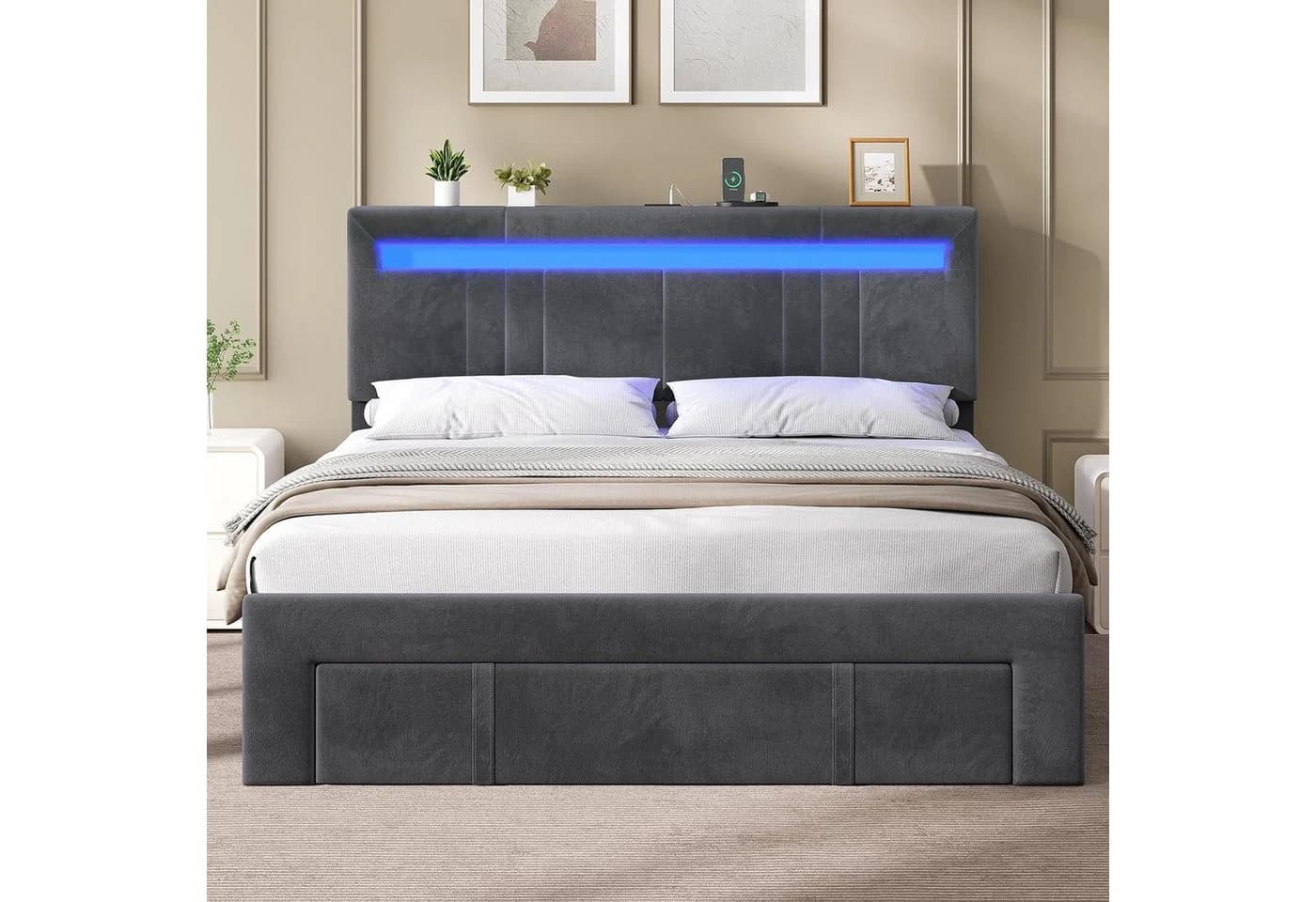 MSMASK Polsterbett Grau mit LED, Steckdosen & Stauraum - Bild 4