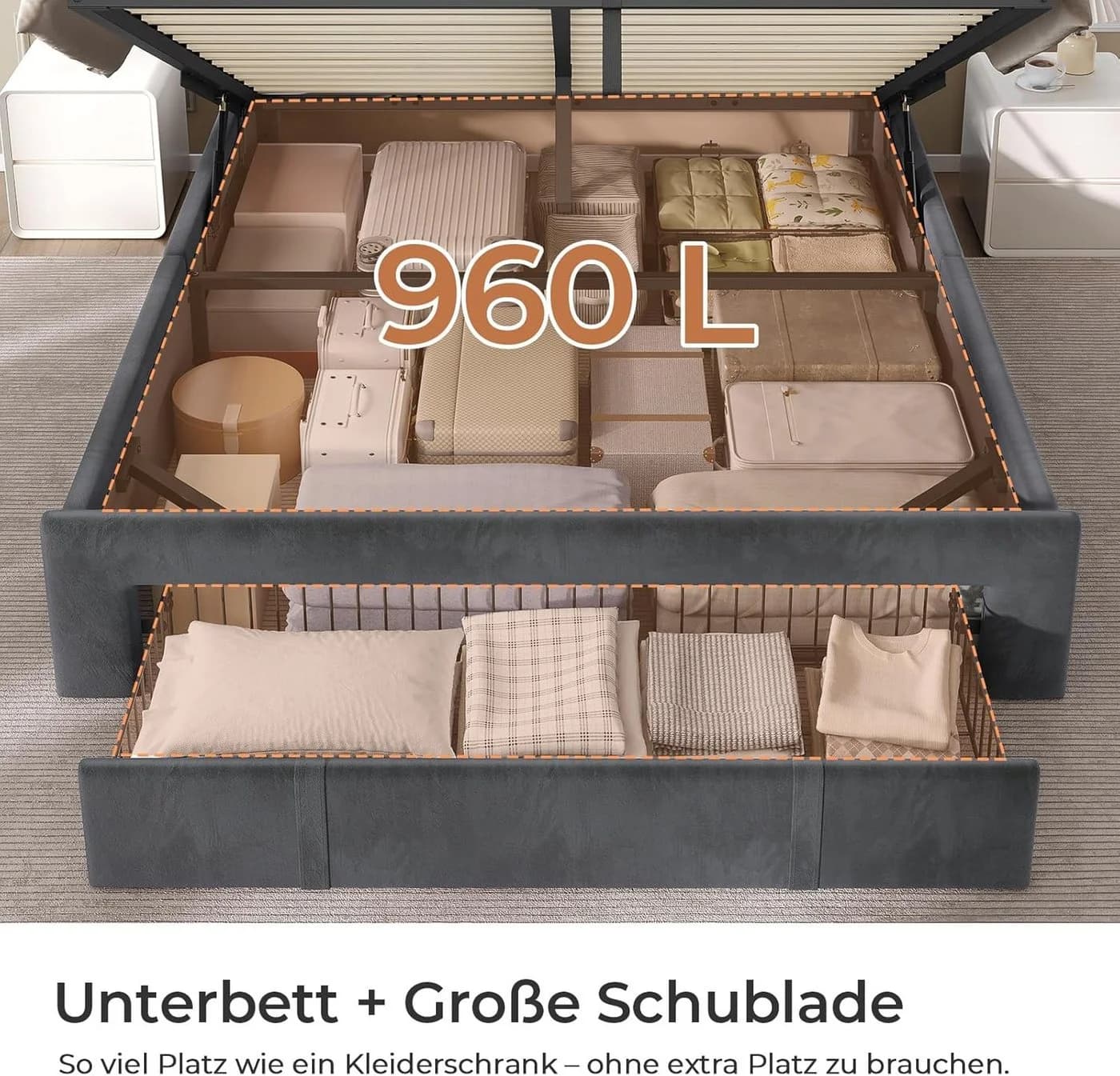 MSMASK Polsterbett Grau mit LED, Steckdosen & Stauraum - Bild 5