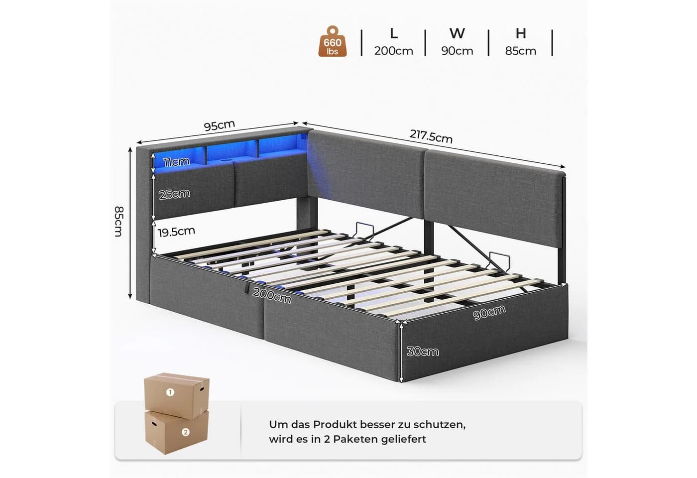 MSMASK Polsterbett 90x200 cm mit LED, USB & Stauraum Grau/Beige
