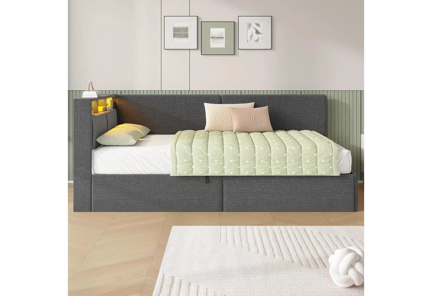 MSMASK Polsterbett 90x200 cm mit LED, USB & Stauraum Grau/Beige - Bild 4
