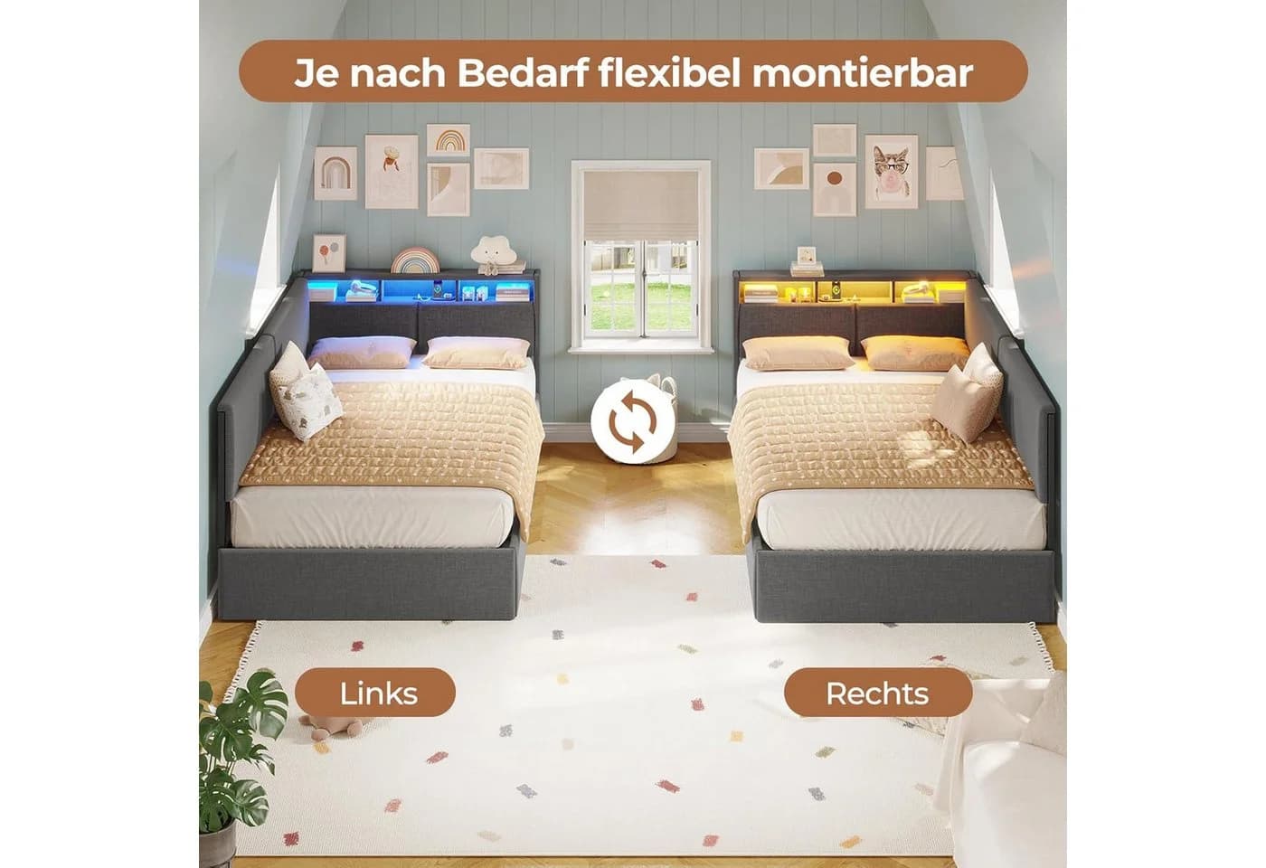 MSMASK Polsterbett 90x200 cm mit LED, USB & Stauraum Grau/Beige - Bild 5