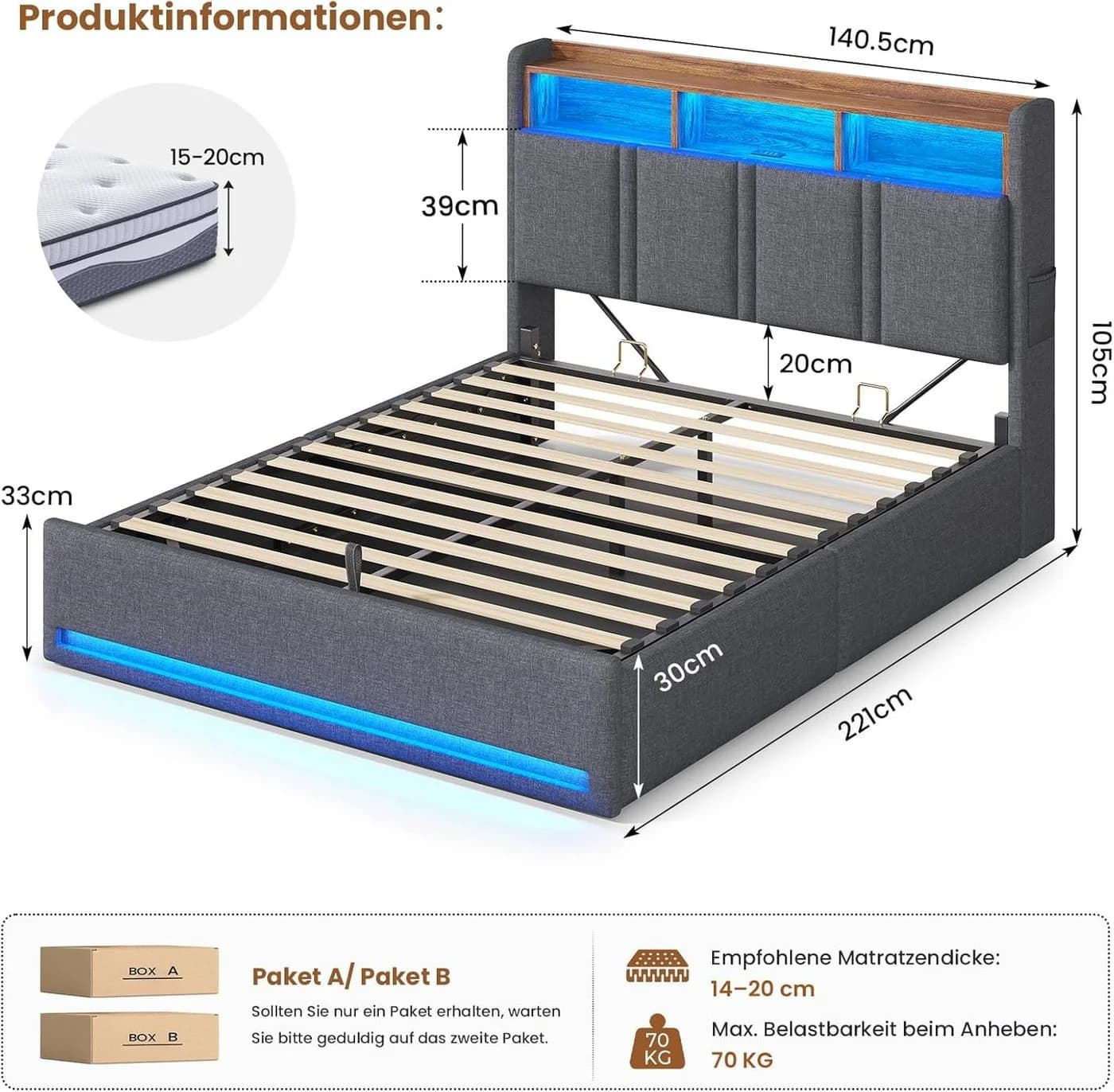 MSMASK Polsterbett 140x200 mit Stauraum, LED & USB