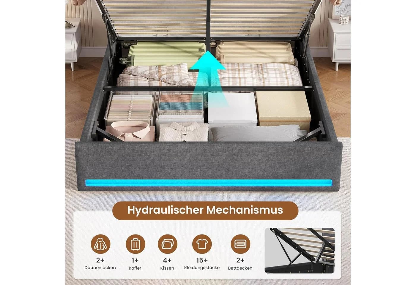 MSMASK Polsterbett 140x200 mit Stauraum, LED & USB - Bild 5