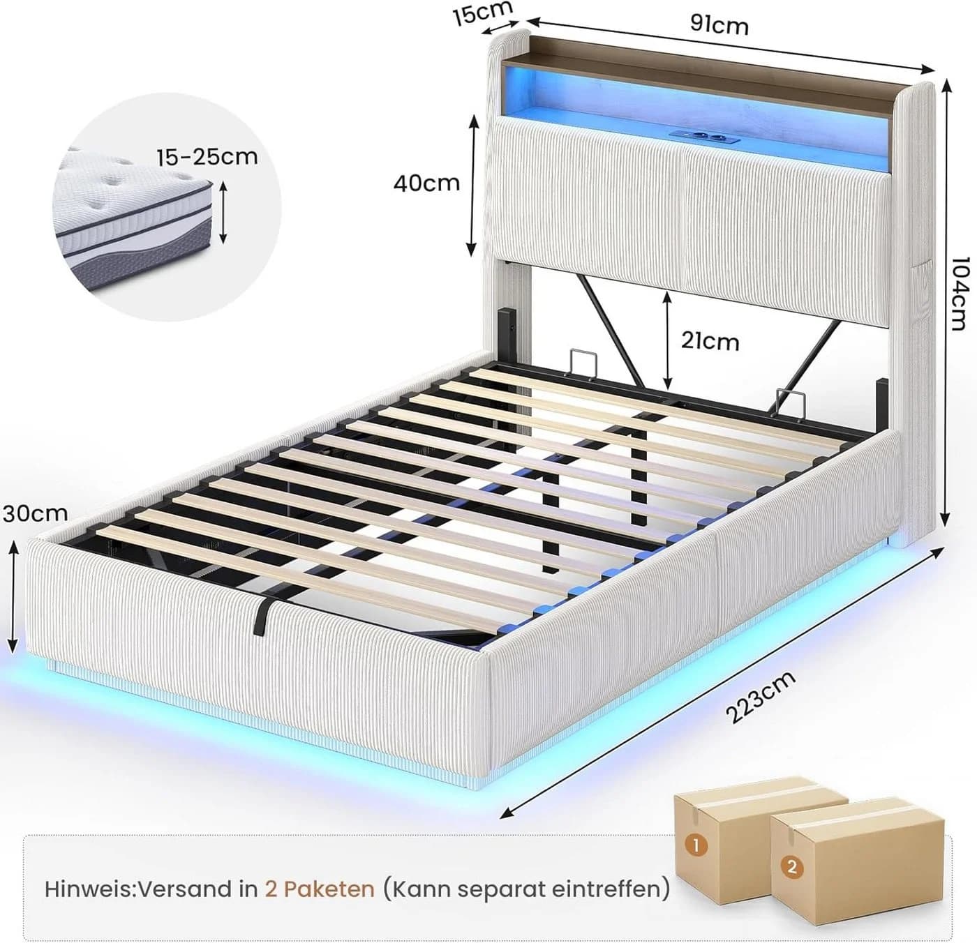 MSMASK Polsterbett mit LED, Stauraum & Ladestation Cord Beige