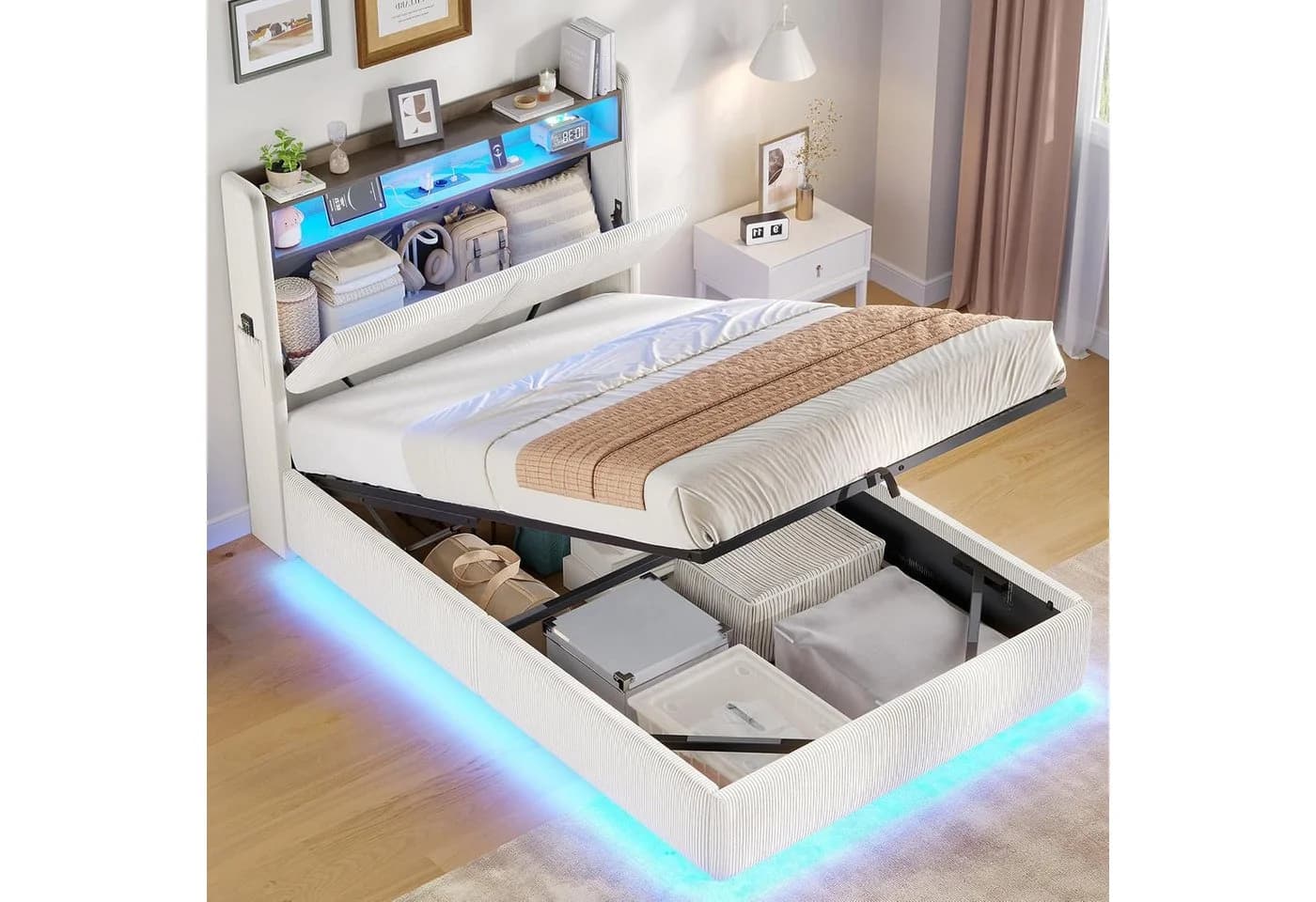 MSMASK Polsterbett mit LED, Stauraum & Ladestation Cord Beige - Bild 2